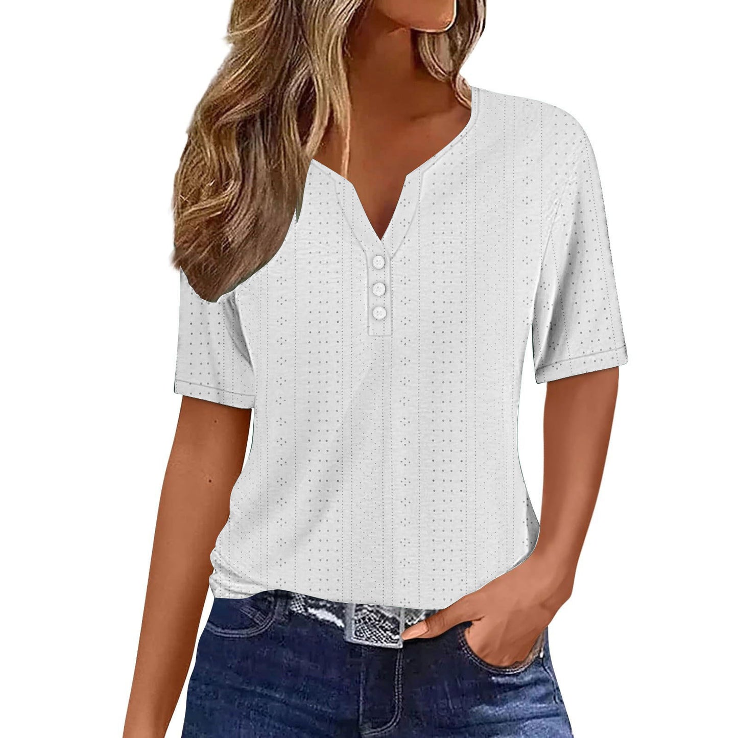 Chemise à manches courtes pour femmes avec détails de boutons et fine structure en mailles plongeantes Chic und Stil