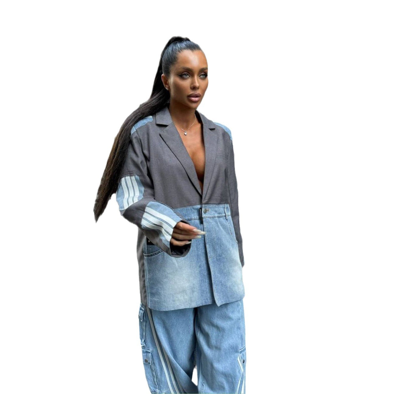 Dames Blazer en denim à la mode avec coupe asymétrique Chic und Stil