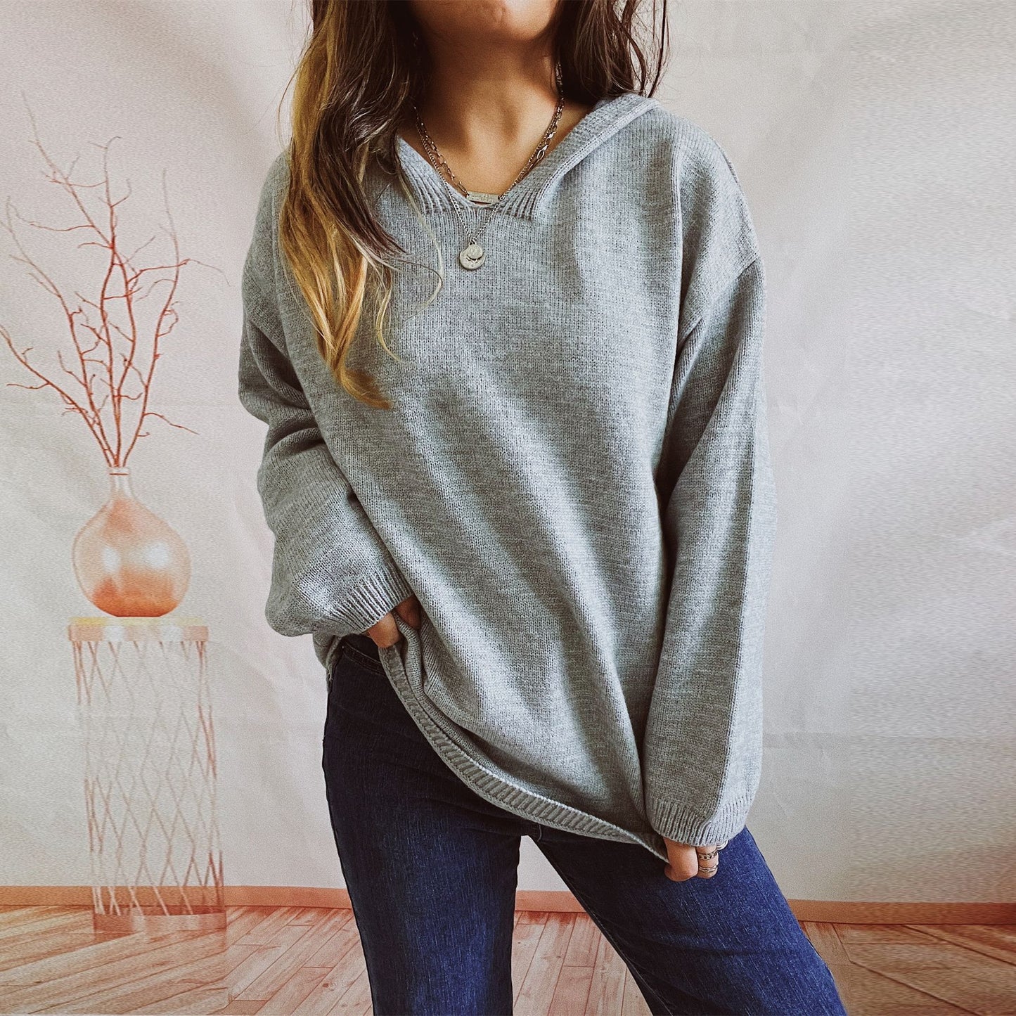 Pull en tricot décontracté à capuche et à manches amples pour femmes Chic und Stil
