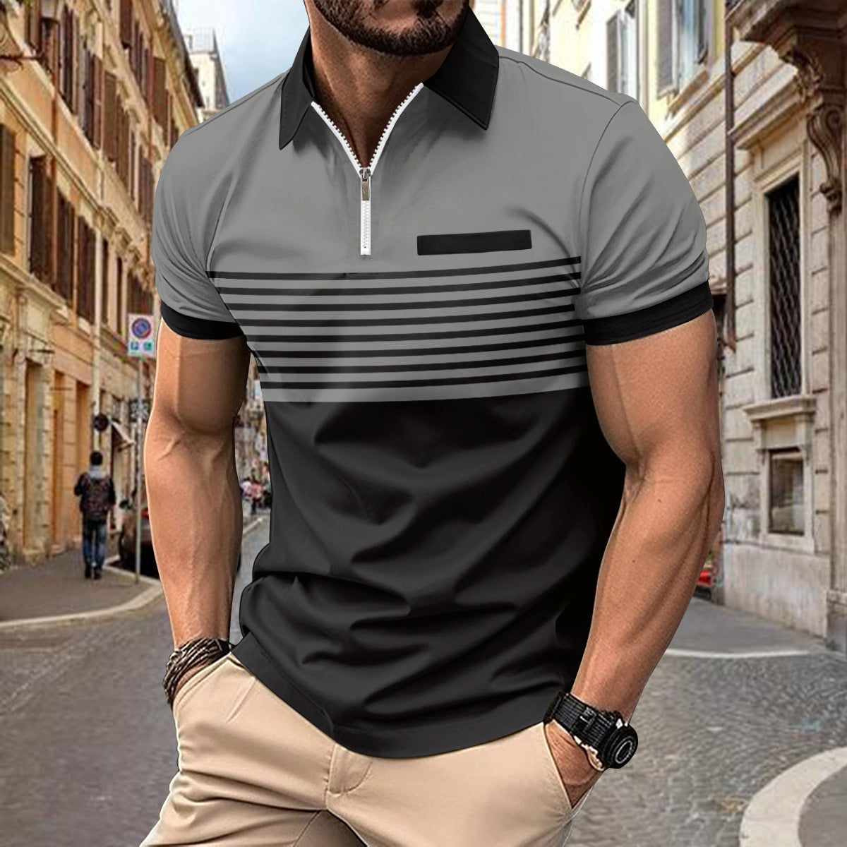 Hommes Polo-Shirt Zip à Rayures Contrastées Modernes Chic und Stil