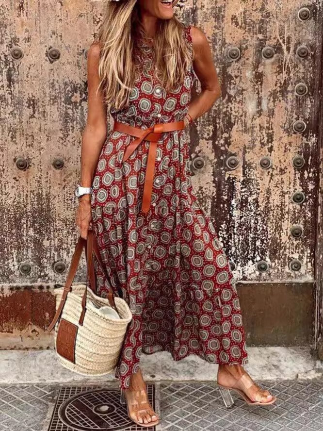 Robe maxi bohémienne pour femmes avec ceinture à la taille et motif floral Chic und Stil