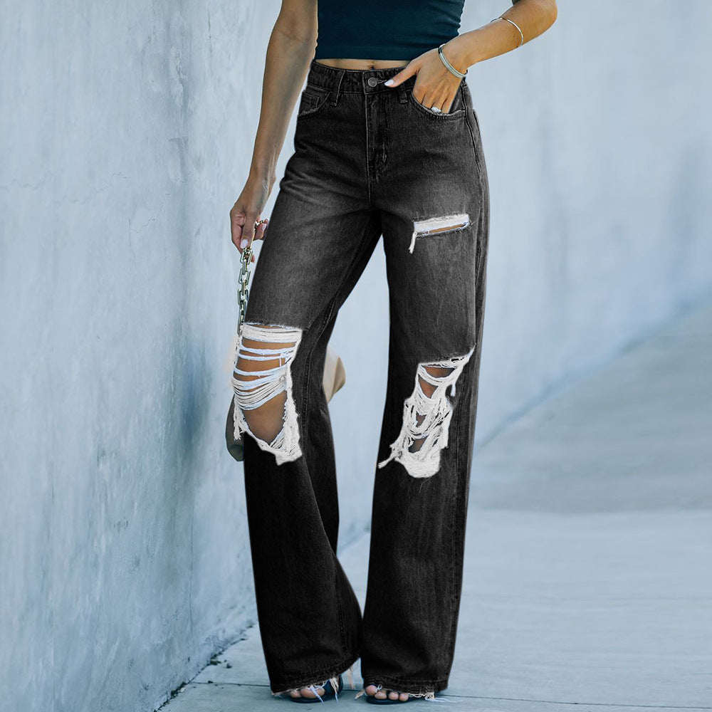 Jean déchiré pour femmes, coupe ample, avec poches hautes et coupe décontractée Chic und Stil