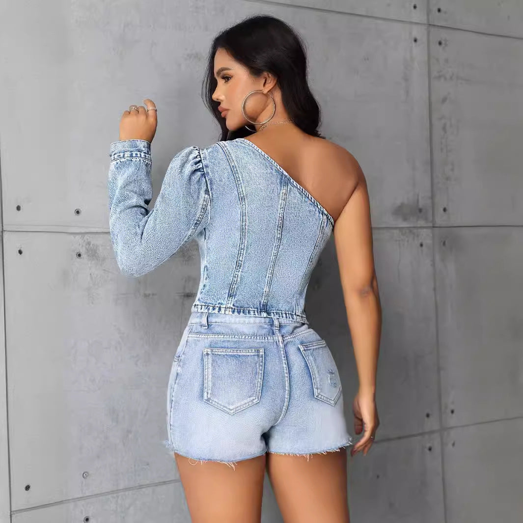 T-shirt en denim asymétrique pour femmes avec manches bouffantes Chic und Stil
