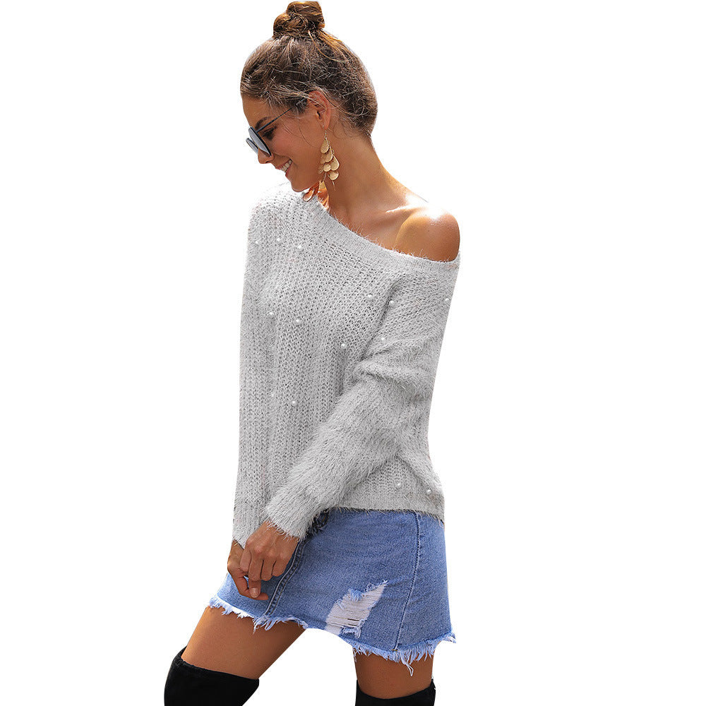 Dames élégant et décontracté pull avec design sans épaule et ornement en perles Chic und Stil