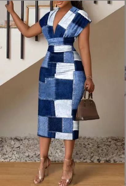 Robe midi patchwork en denim Chic und Stil pour femmes