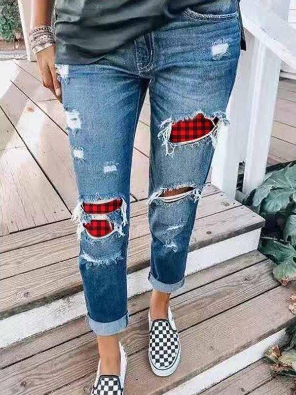 Jeans en denim pour femmes décorés avec des accents à carreaux Chic und Stil