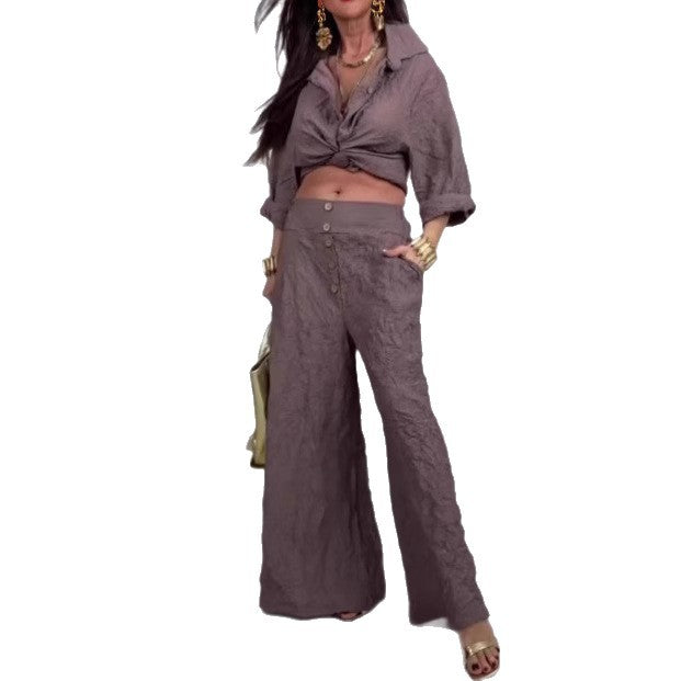Ensemble de pantalon décontracté pour femmes avec une structure vanisée et un haut noué Chic und Stil