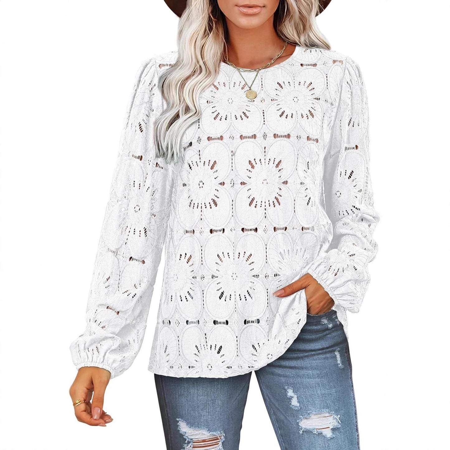 Blouse en dentelle pour femmes avec des détails floraux et des manches bouffantes élégantes Chic und Stil