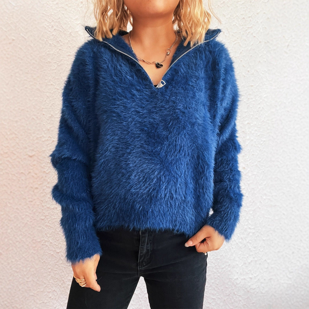 Femme pull doux avec col haut et fermeture éclair Chic und Stil