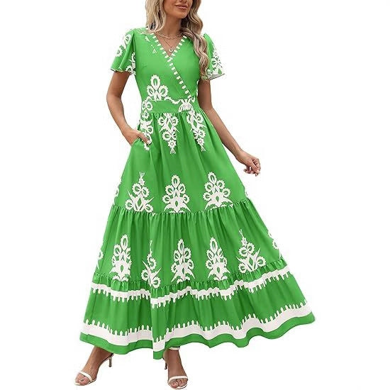 Robe maxi femme avec décolleté en V et détails de broderie contrastés Chic und Stil