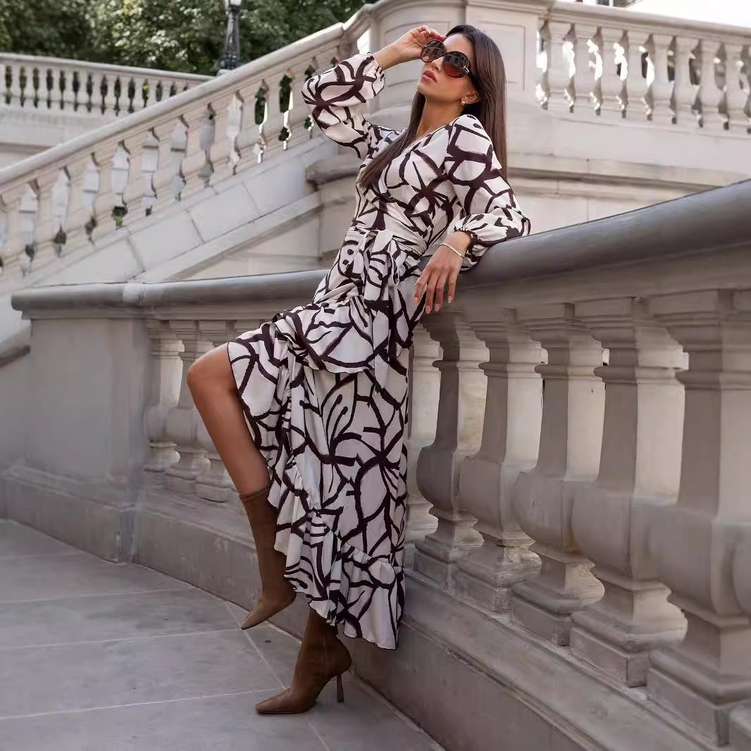 Women's Chic and Elegant Ruffle Wrap Dress with Asymmetrical Hem