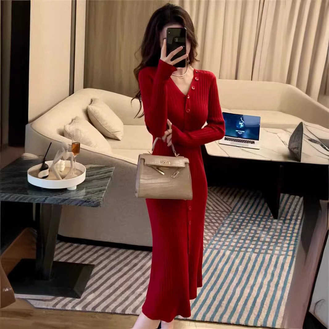 Robe midi décontractée pour femmes en fine maille côtelée avec patte de boutonnage Chic und Stil