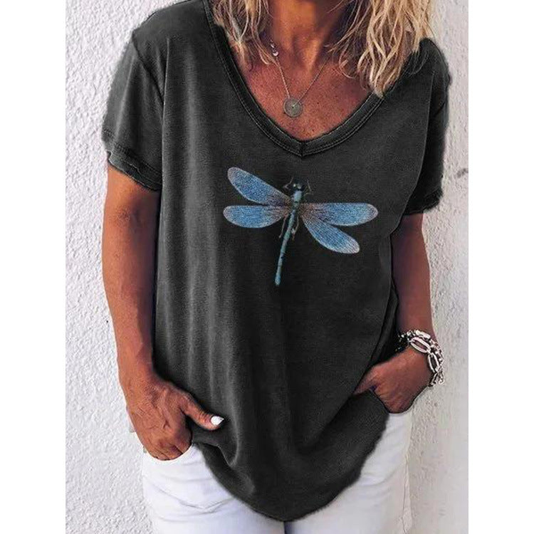 T-shirt graphique à col en V pour femmes avec design de libellules Chic und Stil