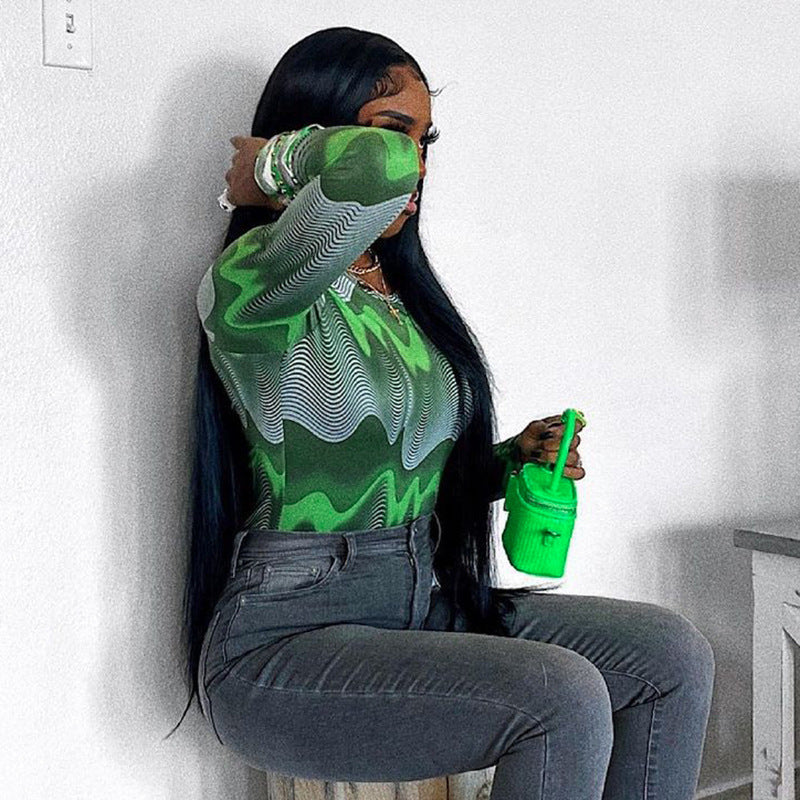 Bodysuit graphique à manches longues pour femmes chic et élégant