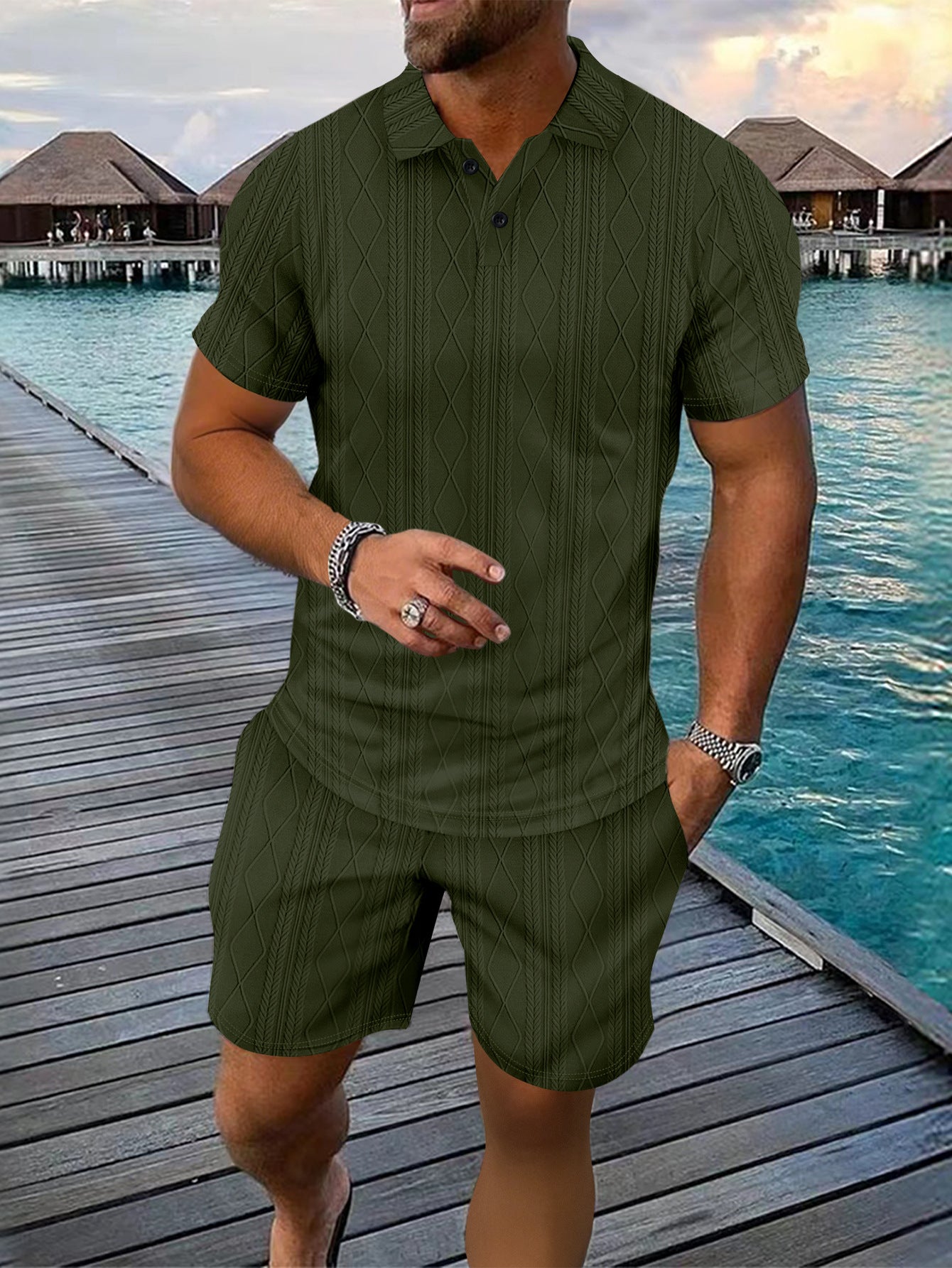 Hommes Ensemble Polo en Tricot Structuré et Shorts Chic und Stil
