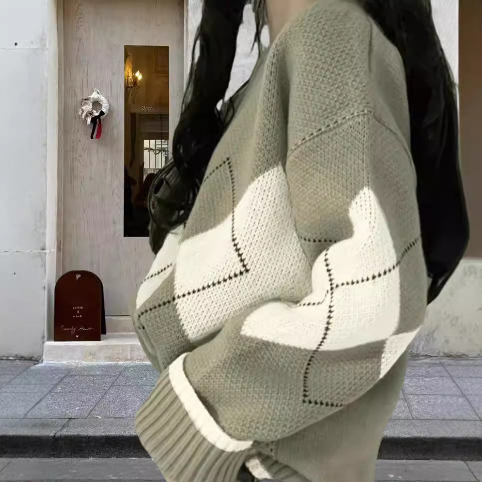 Dames gros tricot pull avec motifs en losanges modernes et coupe ample Chic und Stil