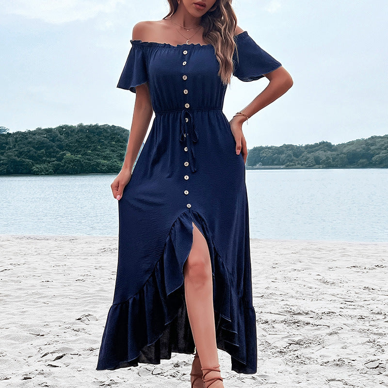 Robe maxi à encolure dénudée avec fermeture à boutons et bordure à volants Chic und Stil