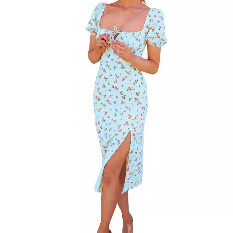 Robe midi florale pour femmes avec manches bouffantes et fente latérale Chic und Stil