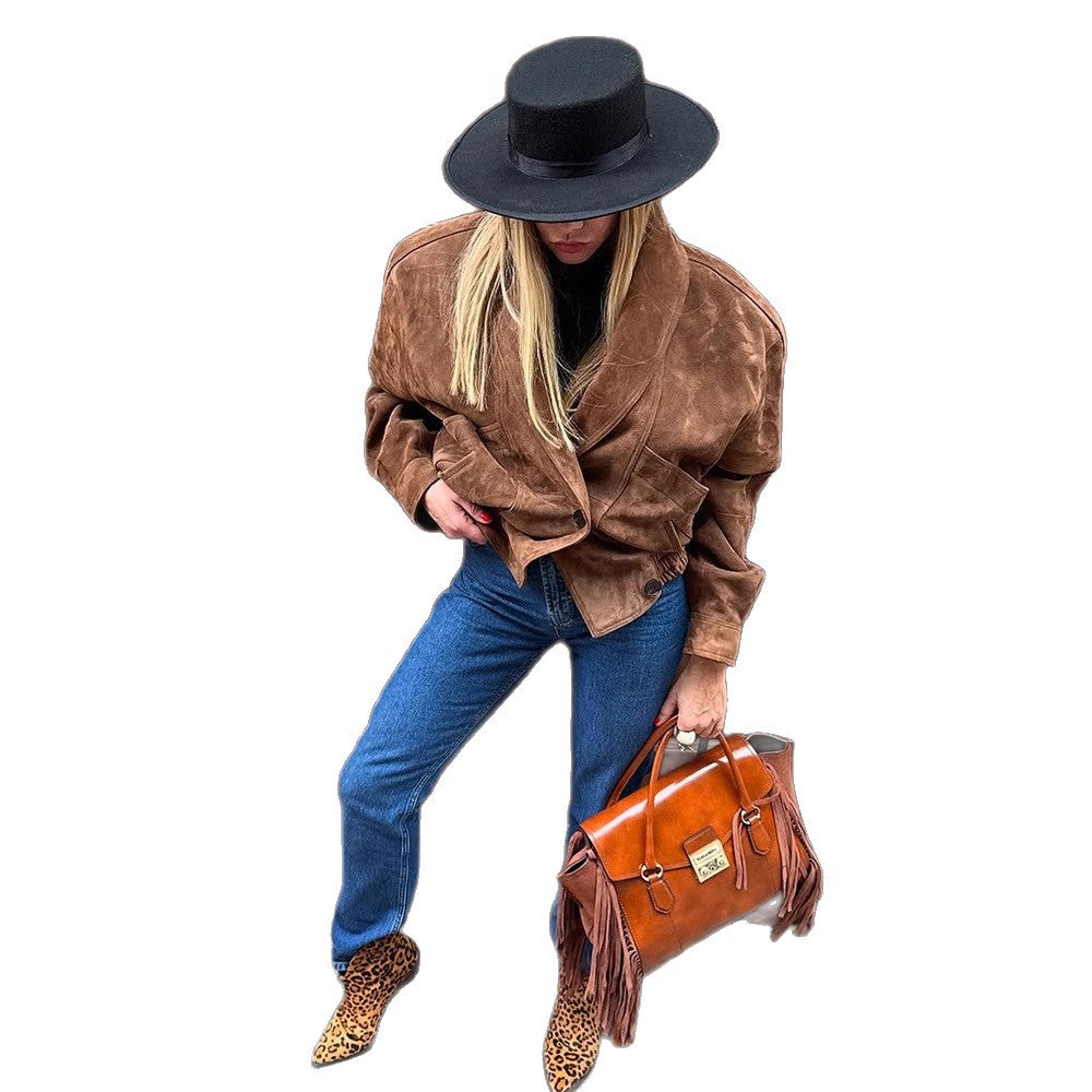 Oversized suede leather jacket for women with a modern cut and practical pockets Chic and Style