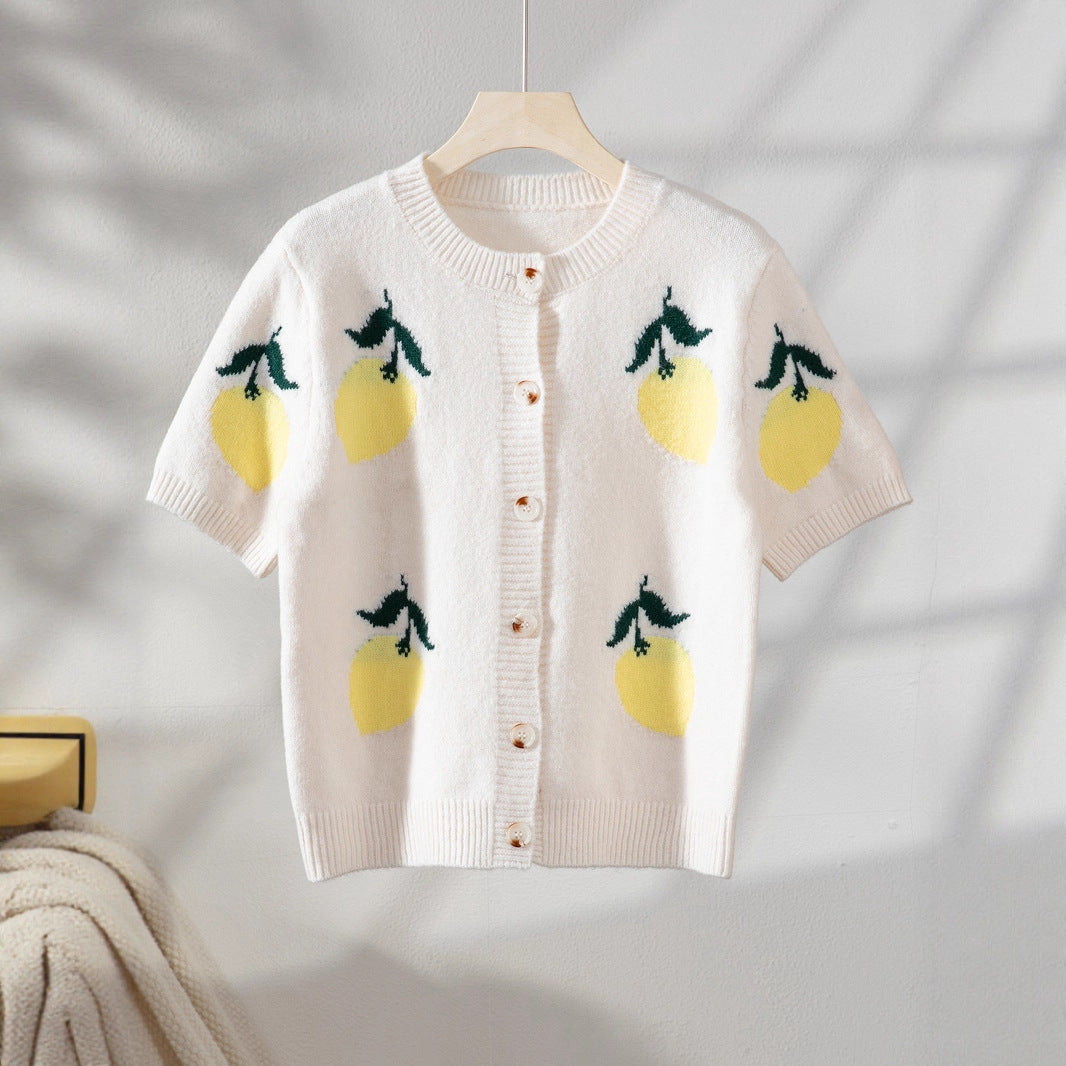 Veste tricotée pour femmes avec un design de citron joyeux et une coupe courte Chic und Stil