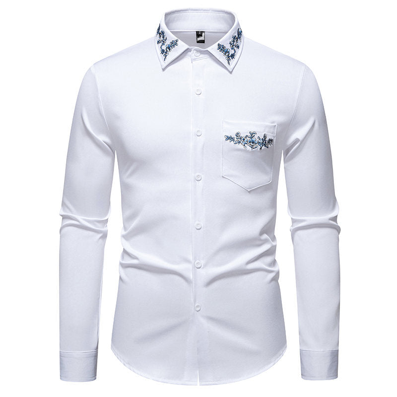Chemise à manches longues pour hommes avec une élégante broderie florale et un col moderne Chic und Stil
