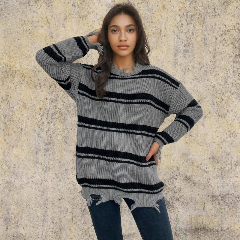 Pull oversized en grosse maille pour femmes avec franges et rayures transversales Chic und Stil