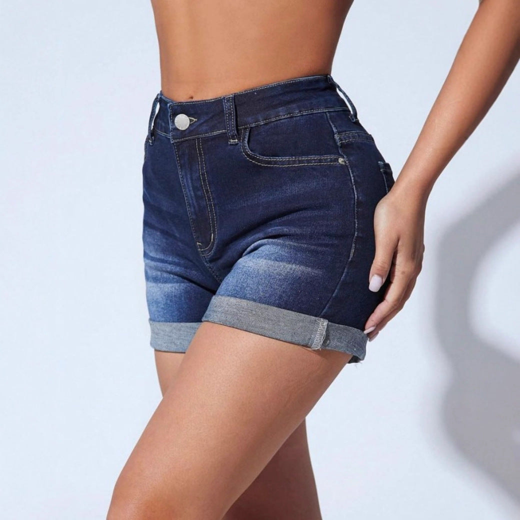 Shorts en denim taille haute pour femmes avec ourlet retroussé et design effiloché Chic und Stil
