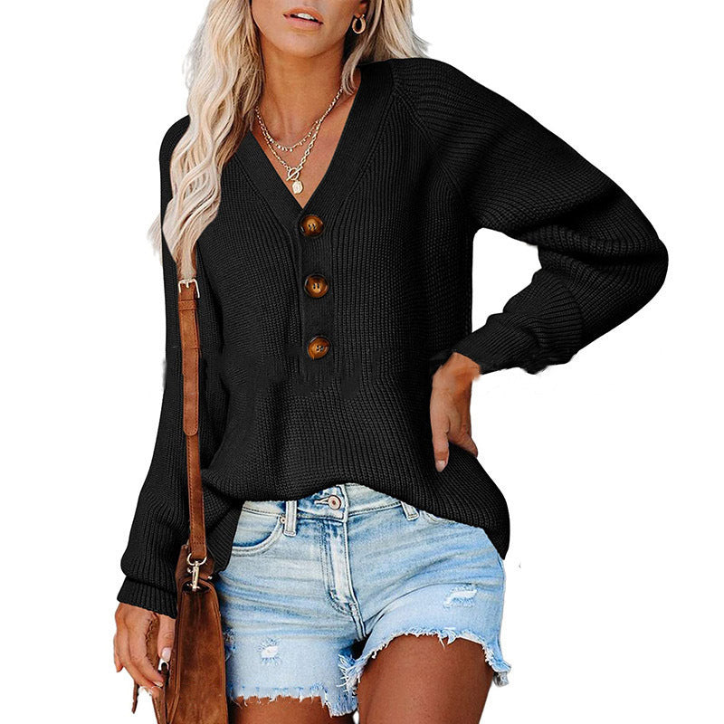 Pull en tricot pour dames avec détails de boutons et décolleté en V plongeant Chic und Stil