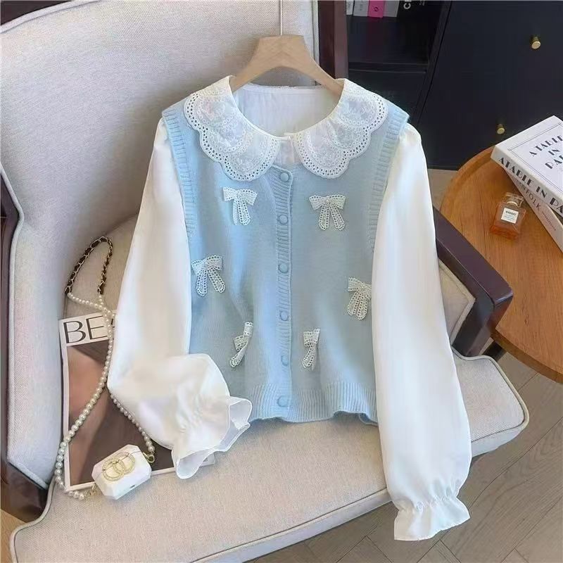 Dames cardigan en tricot ludique avec col enroulé et nœuds décoratifs Chic und Stil