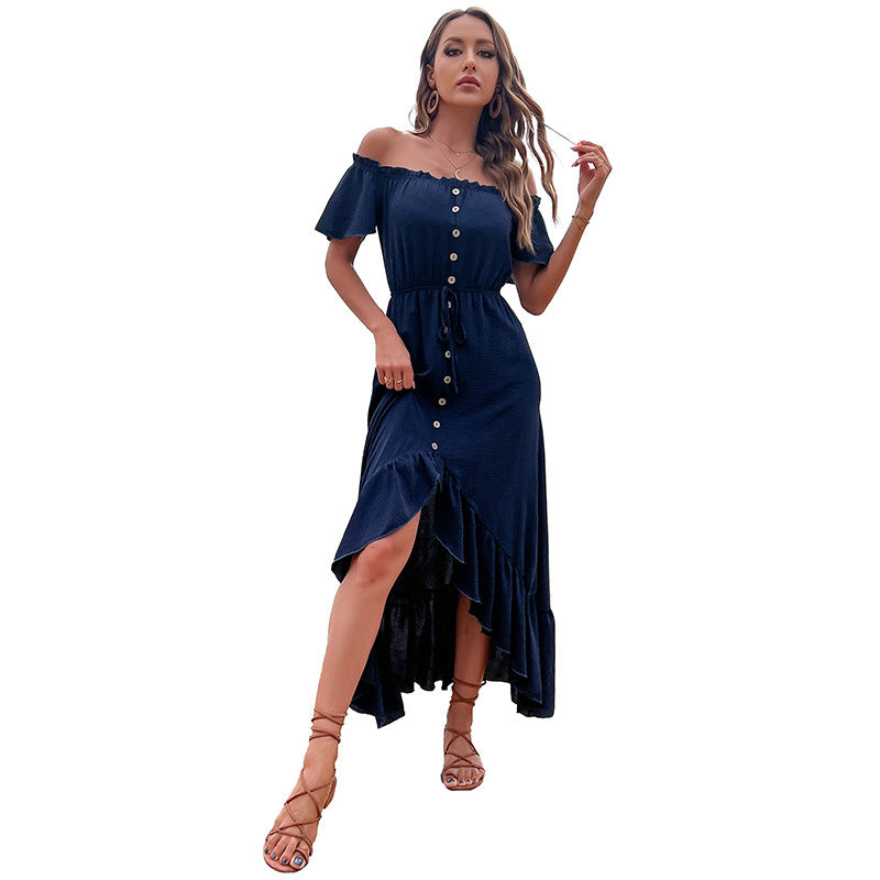 Robe maxi à encolure dénudée avec fermeture à boutons et bordure à volants Chic und Stil