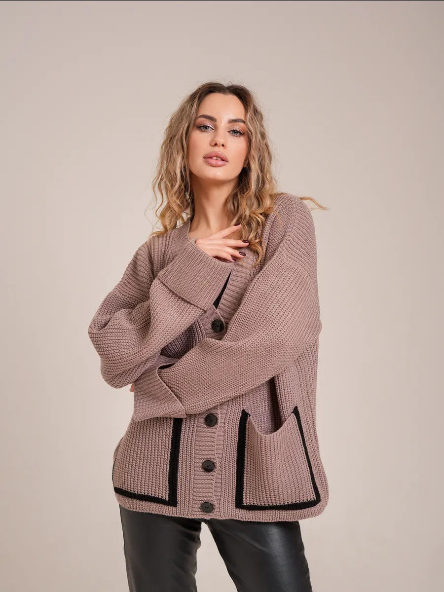 Cardigan en tricot décontracté pour femmes avec poches contrastantes et détail de bouton classique Chic und Stil