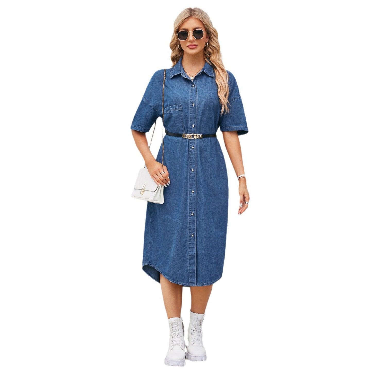 Women's Denim Shirt Dress with Button Design and Side Slit Chic und Stil