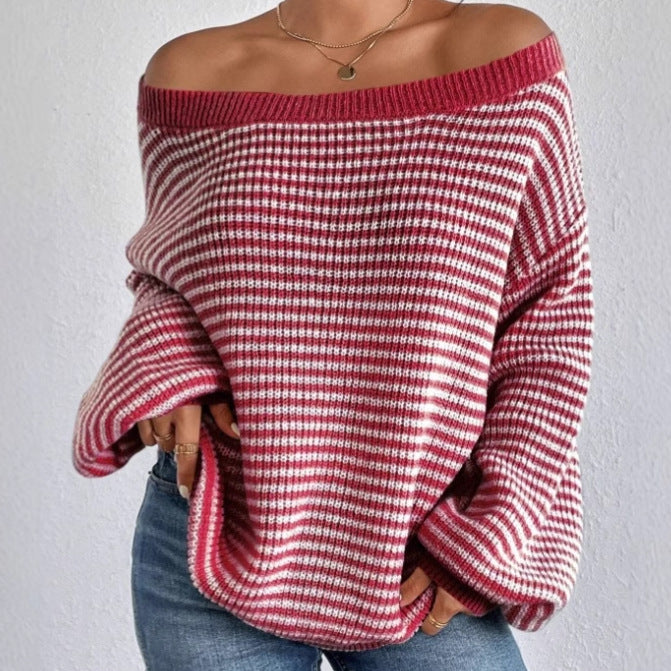 Pull en tricot oversize pour femmes avec design décolleté et motif rayé Chic und Stil