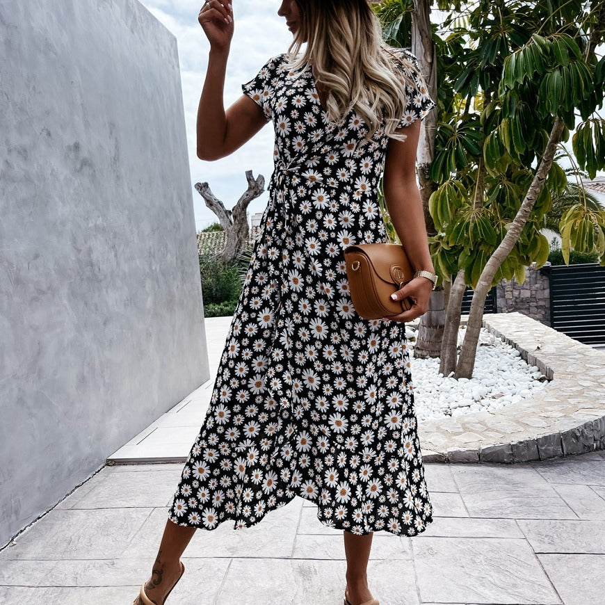 Chic and elegant women's floral wrap midi dress