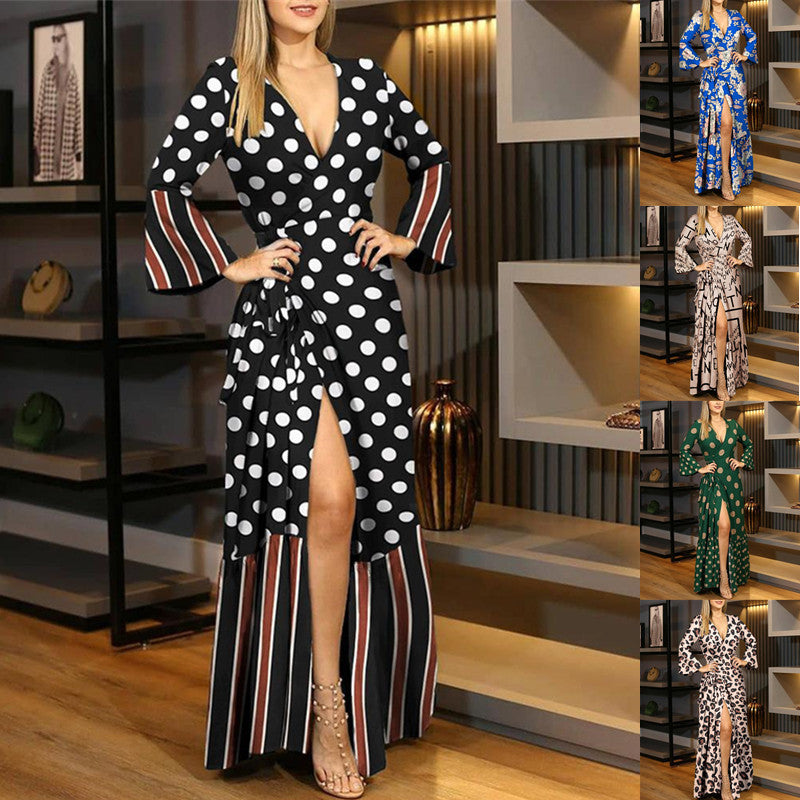 Robe maxi à imprimé léopard à col en V pour femmes avec fente haute Chic und Stil
