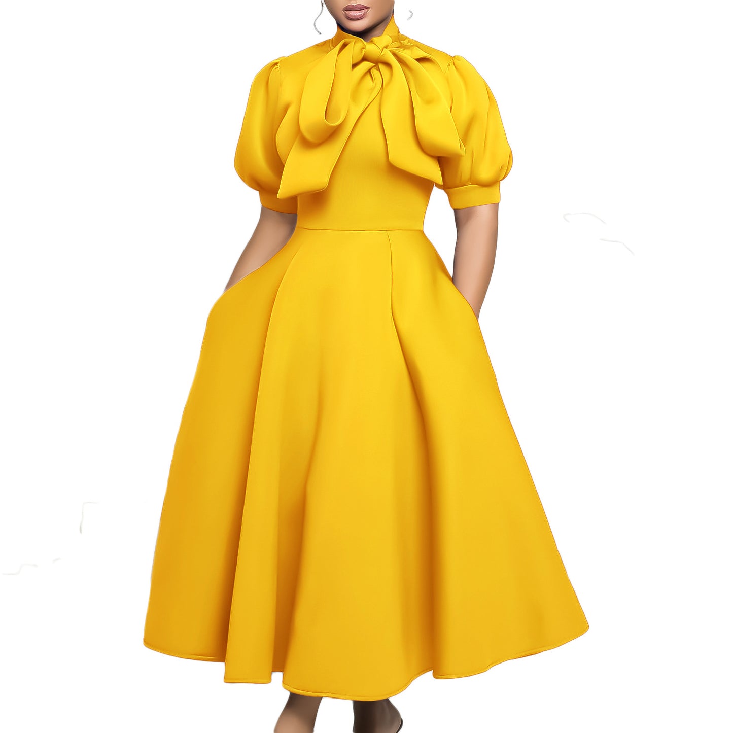 Robe midi femme avec un élégant noeud et des manches bouffantes Chic und Stil
