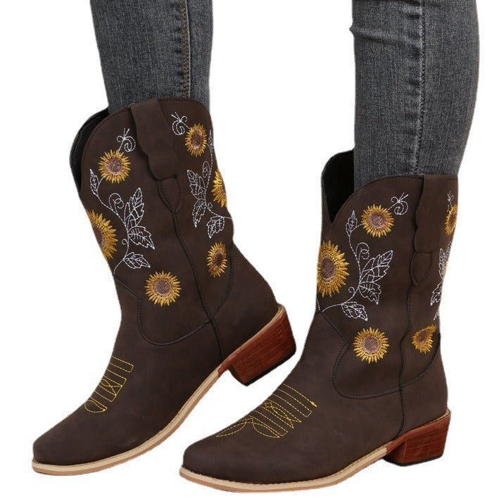 Bottes de cowboy pour femmes avec design floral brodé et robuste talon bloc Chic und Stil