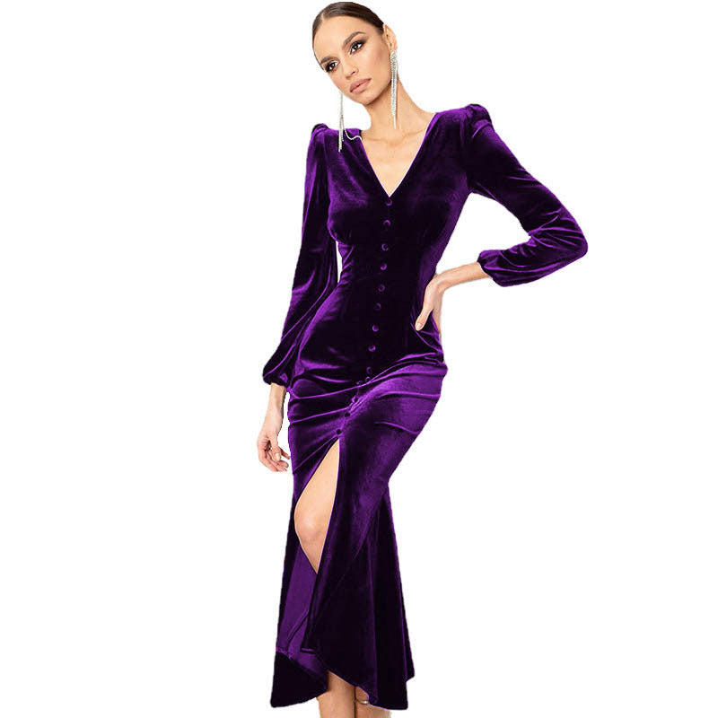 Robe maxi en velours pour femmes avec décolleté en V profond et détails de bouton Chic und Stil