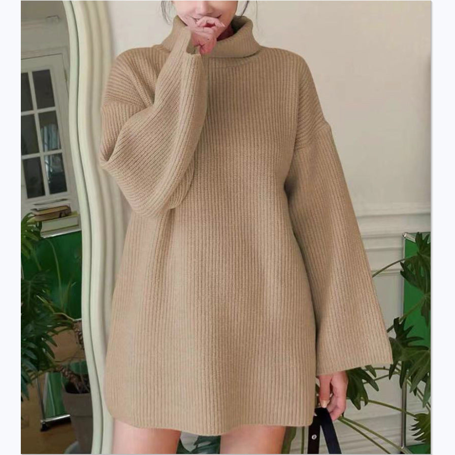 Dames Pull en tricot long avec col montant et manches évasées Chic und Stil