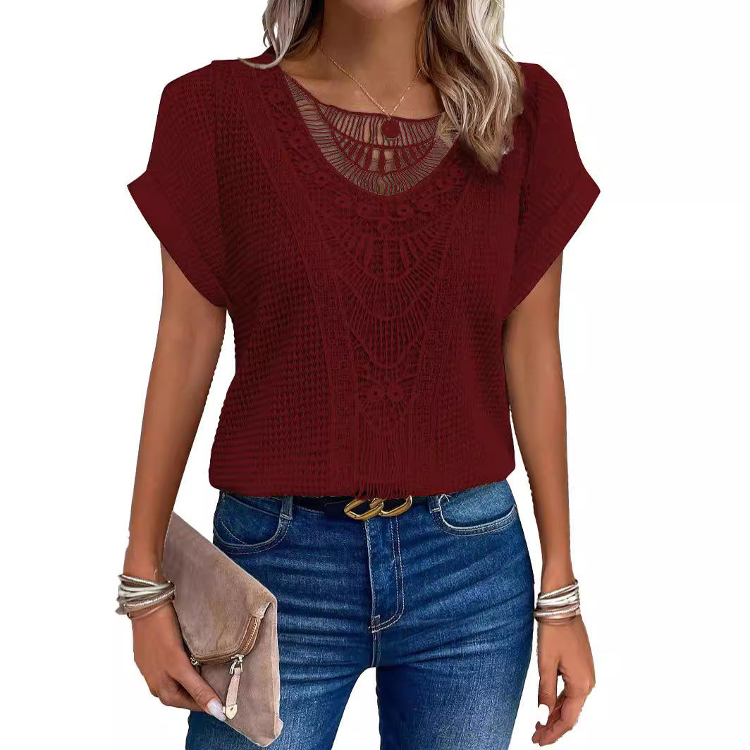 Women's crossover neckline top with a refined crochet pattern Chic und Stil