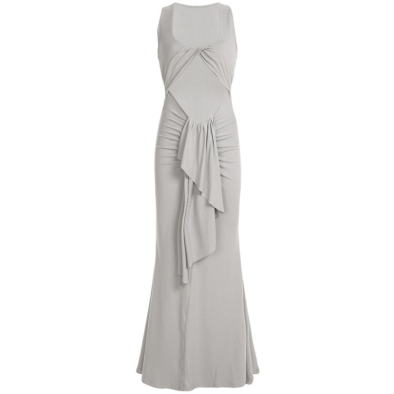 Robe longue élégante pour femmes à manches longues avec drapé asymétrique Chic und Stil