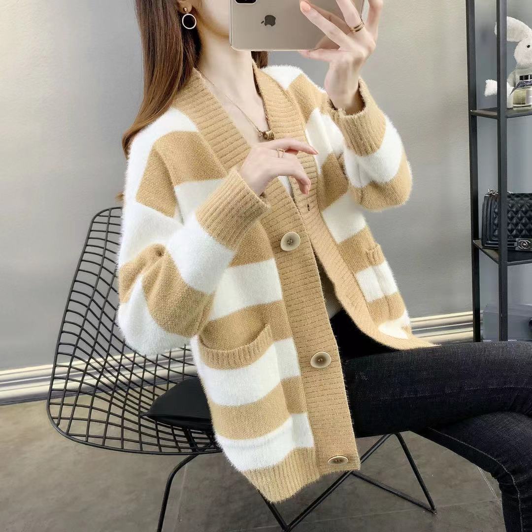 Cardigan en tricot épais pour femmes avec rayures bretonnes et poches pratiques Chic und Stil