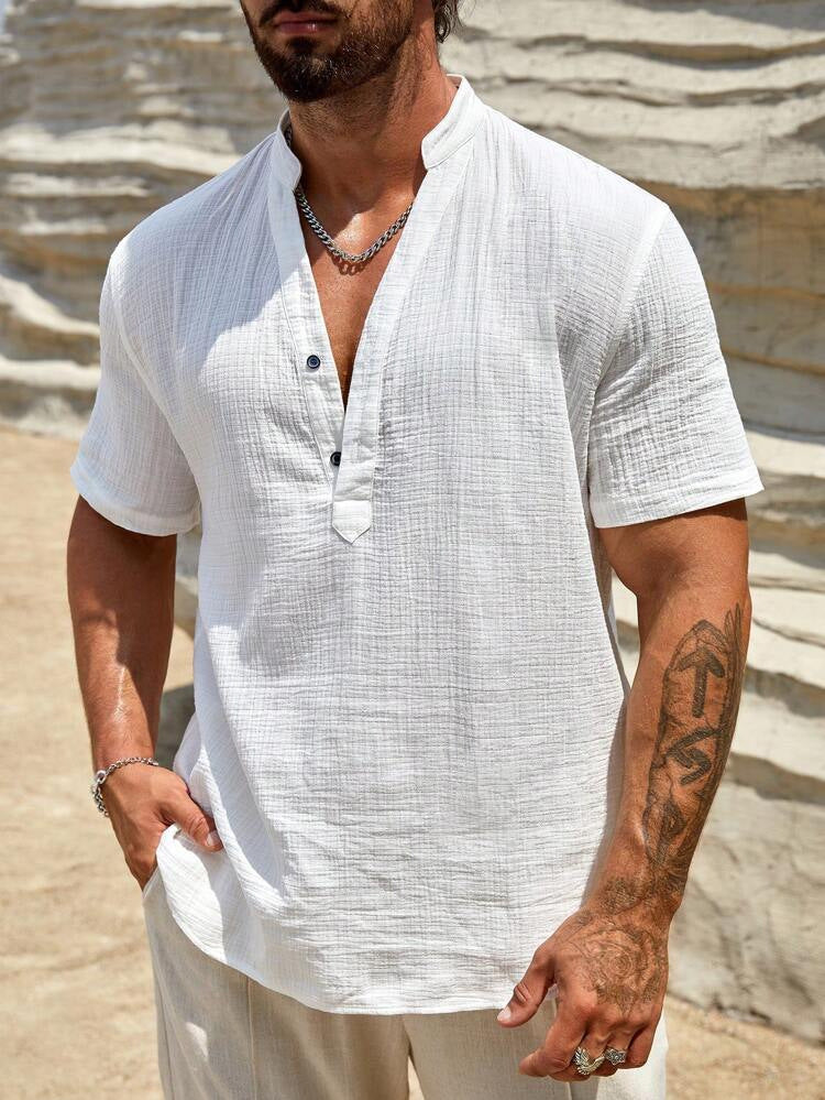 Chemise décontractée à manches longues pour hommes avec col montant et détail de bouton moderne Chic und Stil