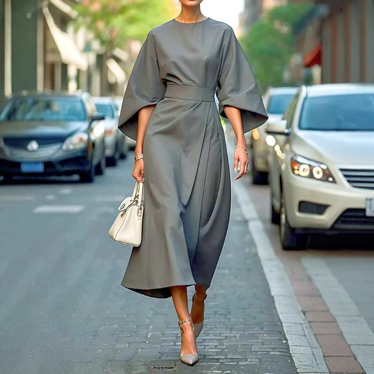 Robe maxi femme avec des manches volumineuses et une ceinture élégante Chic und Stil