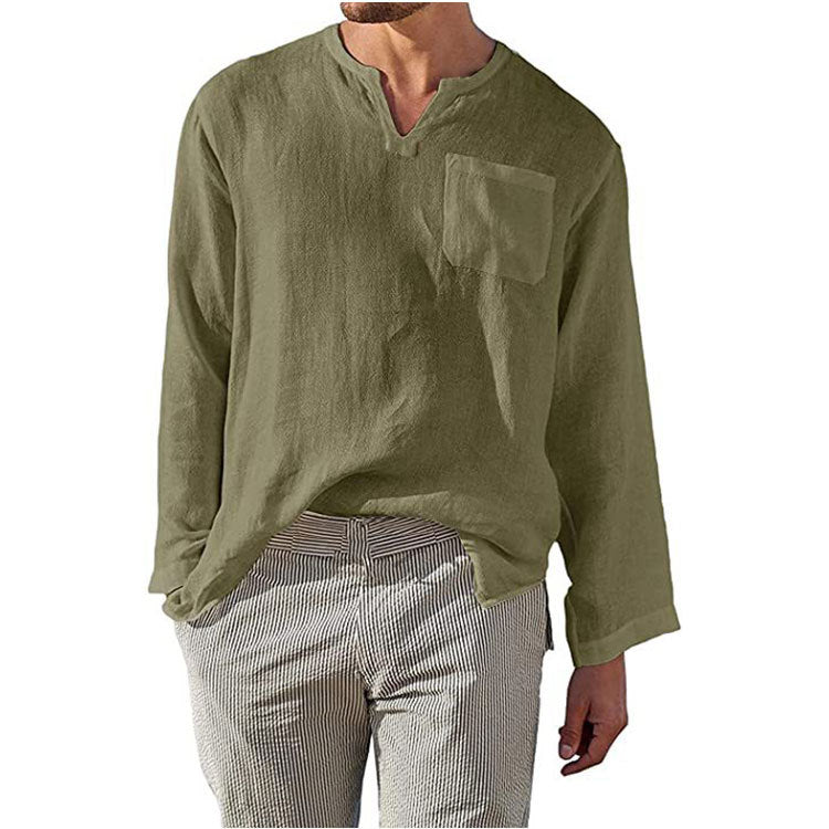 Chemise en lin pour hommes à manches longues avec col Henley et poche poitrine Chic und Stil