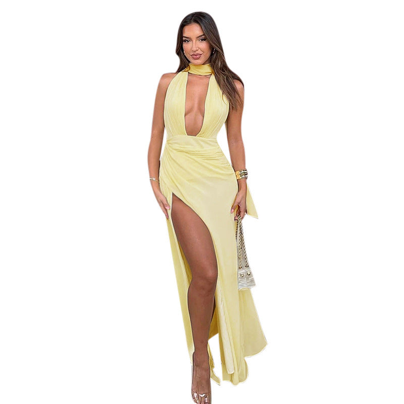 Dames Robe Maxi Halter Fente Haute Chic und Stil