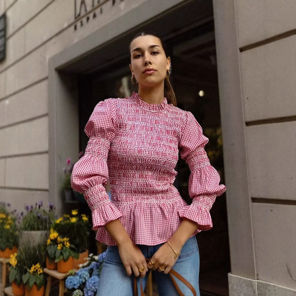 Blouse à volants pour femmes avec motif gingham et élégants manches bouffantes Chic und Stil