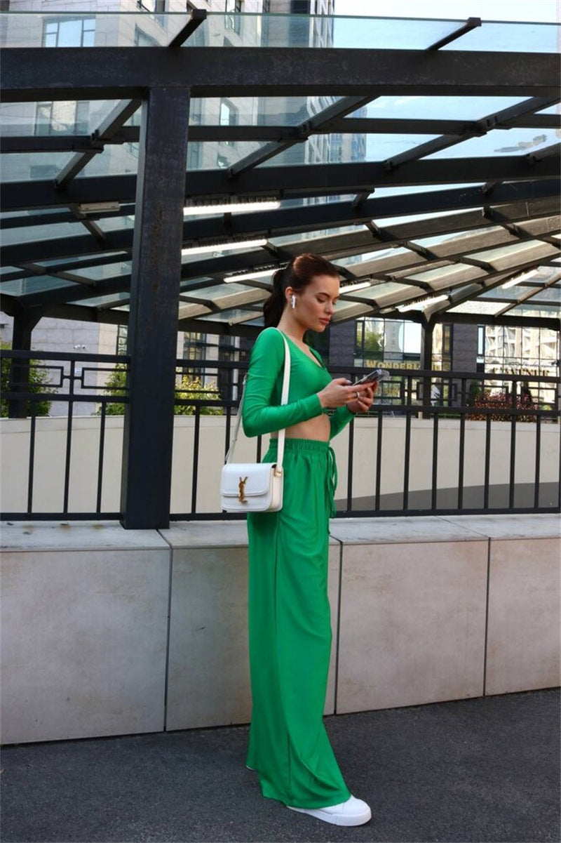 Ladies trendy top with high waist wide pants chic and style