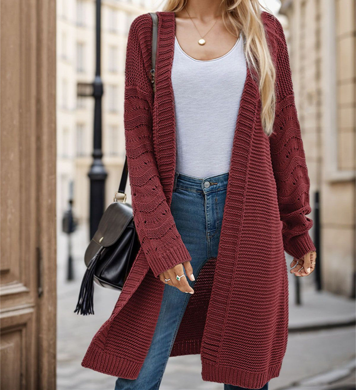 Dames Long Pull Cardigan avec une structure de maille aérée et un devant ouvert Chic und Stil