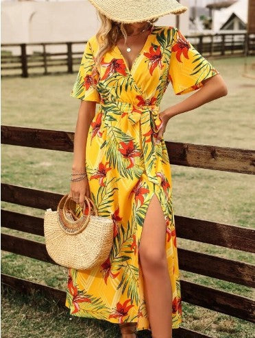 Robe maxi à motifs floraux à nouer Chic und Stil pour femmes
